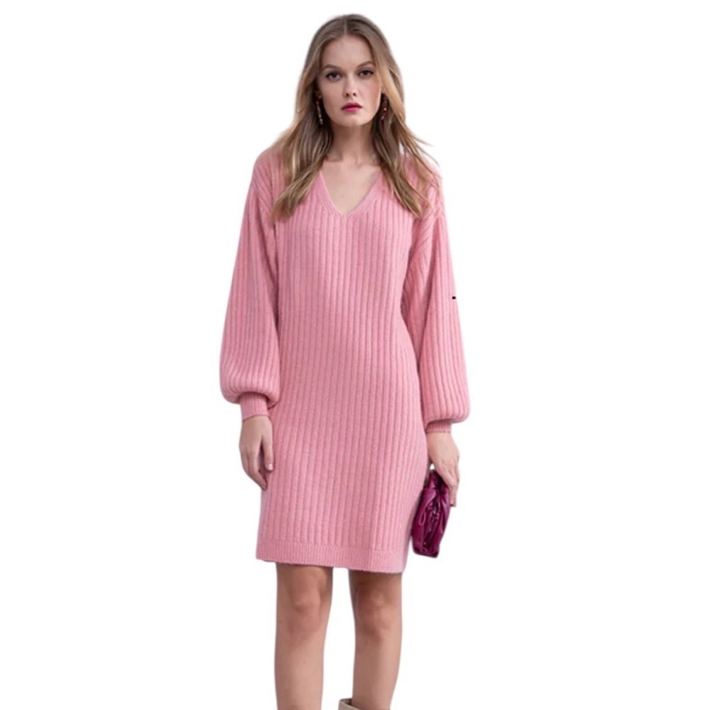 Rachel Parcell Pink Oversized Ribbed Knit Long Puff Sleeve Sweater Dress Small